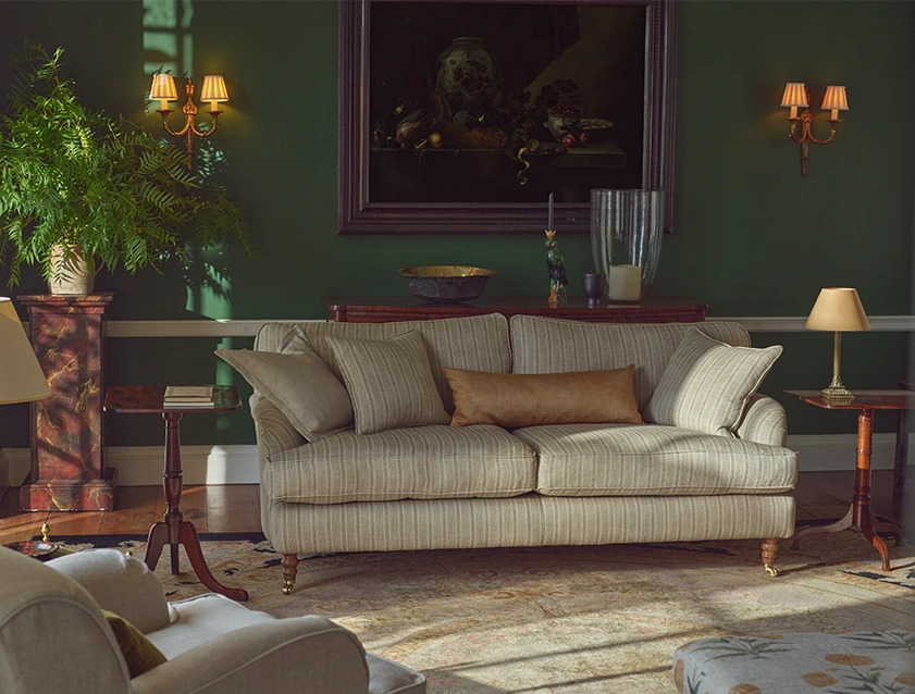 Alwinton 3 seater sofa in Ettas Stripe Moss with scatter in Almost Plain Velvet Harvest_tablet